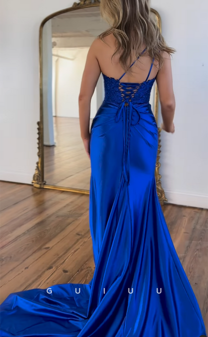 G4153 - Chic & Modern Sheath One Shoulder Beaded and Floral Embossed Evening Gown Prom Dress with High Side Slit and Sweep Train