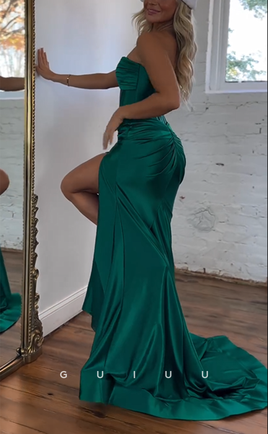 G4154 - Chic & Modern Sheath V-Neck Strapless Cut-Outs Draped Evening Gown Prom Dress with High Side Slit and Sweep Train