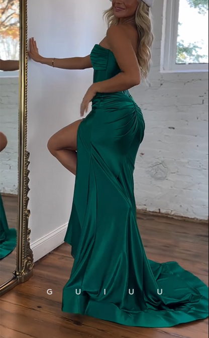 G4154 - Chic & Modern Sheath V-Neck Strapless Cut-Outs Draped Evening Gown Prom Dress with High Side Slit and Sweep Train