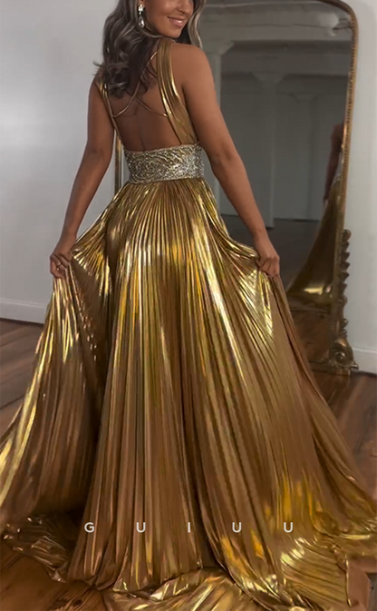 G4158 - Chic & Modern A-Line Cross-Neck Beaded and Draped Evening Gown Prom Dress with High Side Slit and Sweep Train