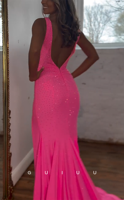 G4163 - Sexy & Hot Sheath V-Neck Fully Beaded Evening Gown Prom Dress with High Side Slit and Sweep Train