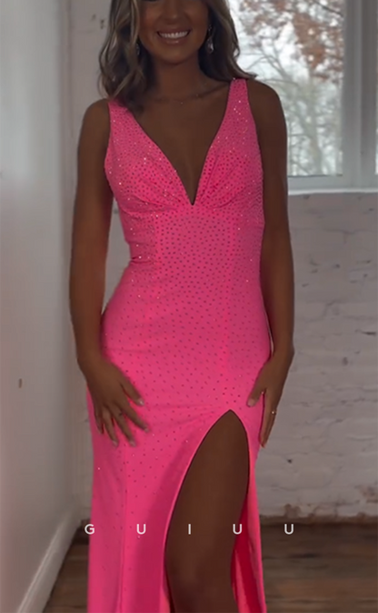 G4163 - Sexy & Hot Sheath V-Neck Fully Beaded Evening Gown Prom Dress with High Side Slit and Sweep Train