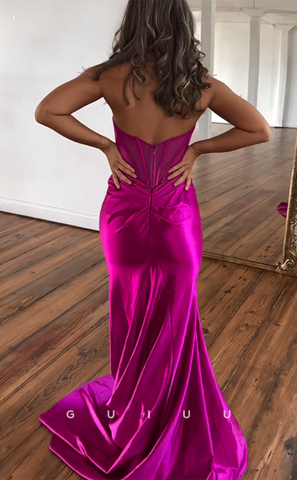G4164 - Chic & Modern Sheath V-Neck Halter Draped Evening Gown Prom Dress with High Side Slit and Sweep Train