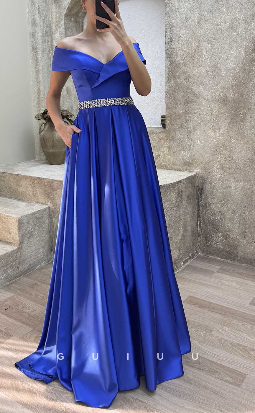 G4171 - Chic & Modern A-Line Off Shoulder Beaded and Draped Formal Gown Prom Dress