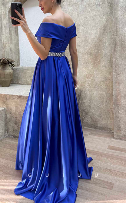 G4171 - Chic & Modern A-Line Off Shoulder Beaded and Draped Formal Gown Prom Dress