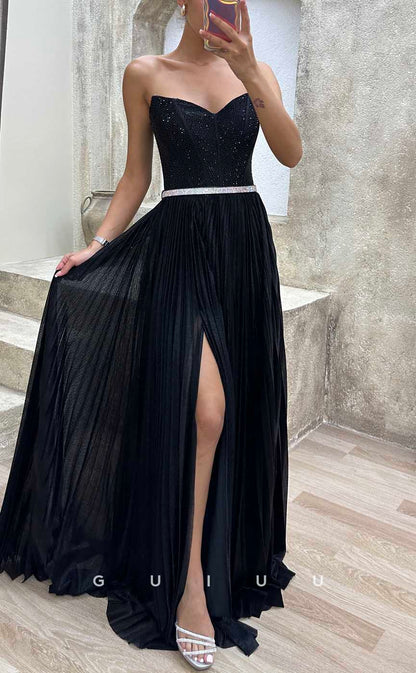 G4172 - Classic & Timeless A-Line V-Neck Beaded and Draped Formal Gown Prom Dress with High Side Slit