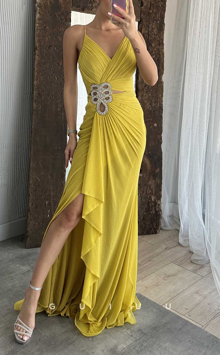 G4174 - Sexy & Hot Sheath V-Neck Beaded and Draped Evening Party Prom Dress with Side Slit