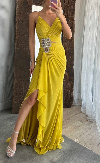 G4174 - Sexy & Hot Sheath V-Neck Beaded and Draped Evening Party Prom Dress with Side Slit