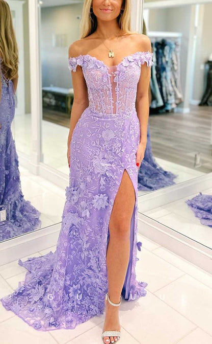 G4179 - Sexy & Hot Mermaid Off Shoulder Fully Floral Appliqued Evening Gown Prom Dress with High Side Slit and Sweep Train