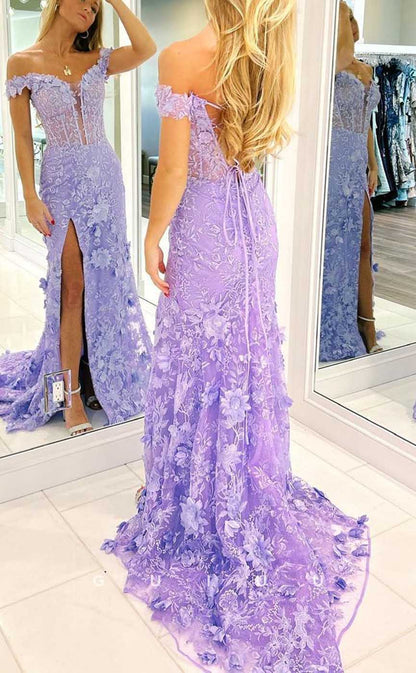G4179 - Sexy & Hot Mermaid Off Shoulder Fully Floral Appliqued Evening Gown Prom Dress with High Side Slit and Sweep Train