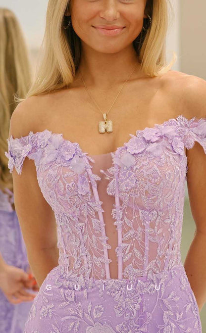 G4179 - Sexy & Hot Mermaid Off Shoulder Fully Floral Appliqued Evening Gown Prom Dress with High Side Slit and Sweep Train