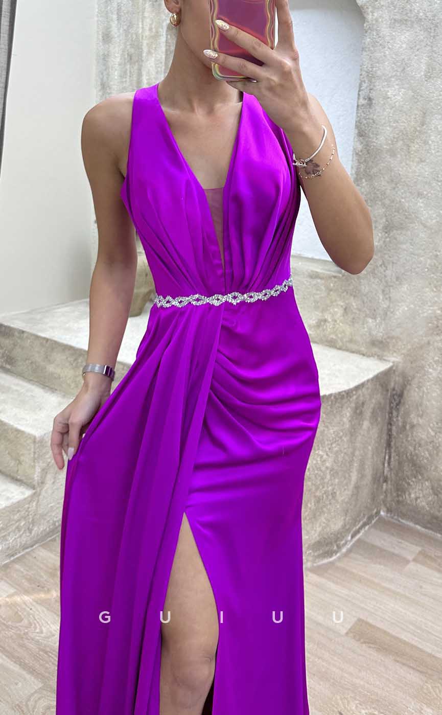 G4182 - Chic & Modern Sheath V-Neck Beaded and Draped Formal Evening Party Prom Dress with High Side Slit