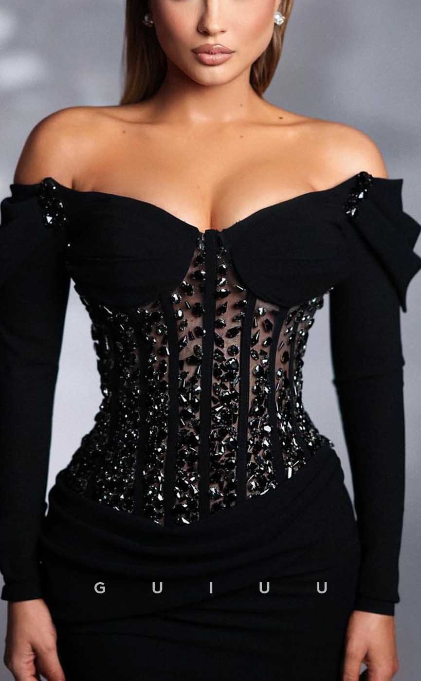 G4190 - Chic & Modern Sheath Off Shoulder Draped and Beaded Evening Gown Prom Dress with Long Sleeves