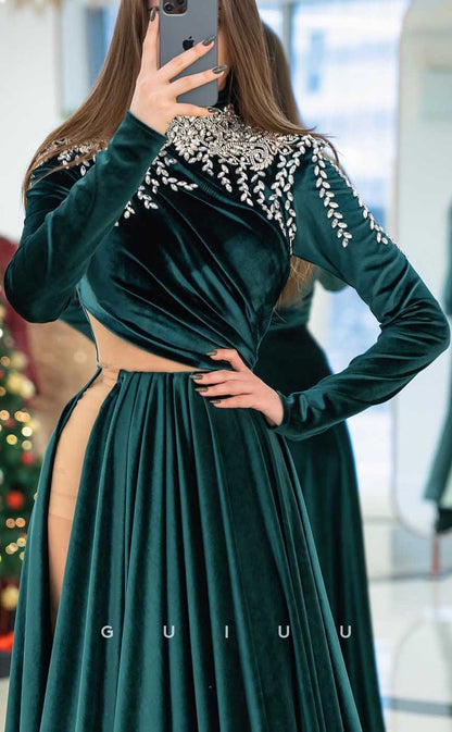 G4195 - Elegant & Luxurious A-Line High Neck Draped and Beaded Formal Party Prom Dress with High Side Slit and Cut-Outs