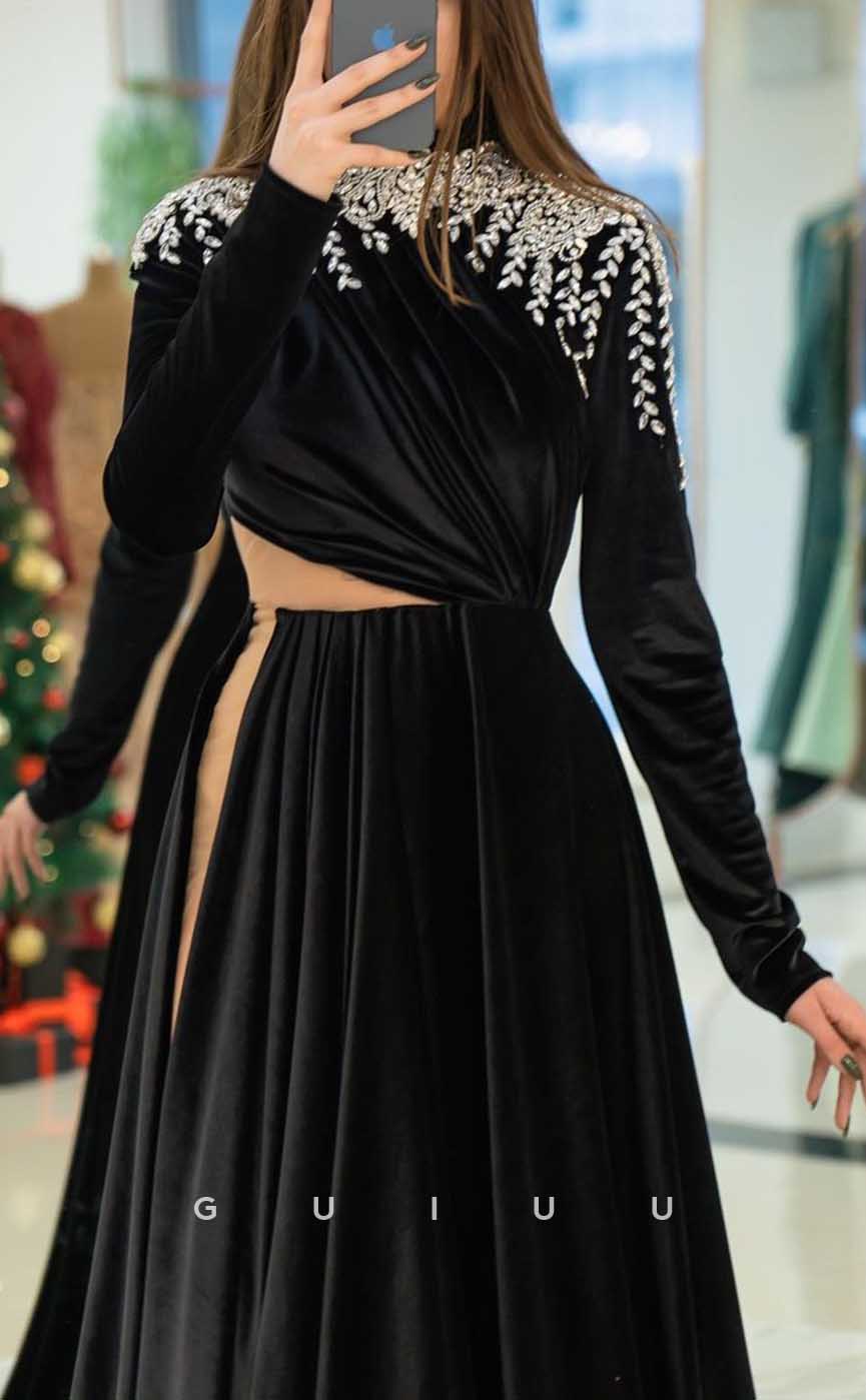 G4195 - Elegant & Luxurious A-Line High Neck Draped and Beaded Formal Party Prom Dress with High Side Slit and Cut-Outs