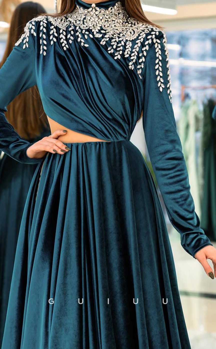 G4195 - Elegant & Luxurious A-Line High Neck Draped and Beaded Formal Party Prom Dress with High Side Slit and Cut-Outs