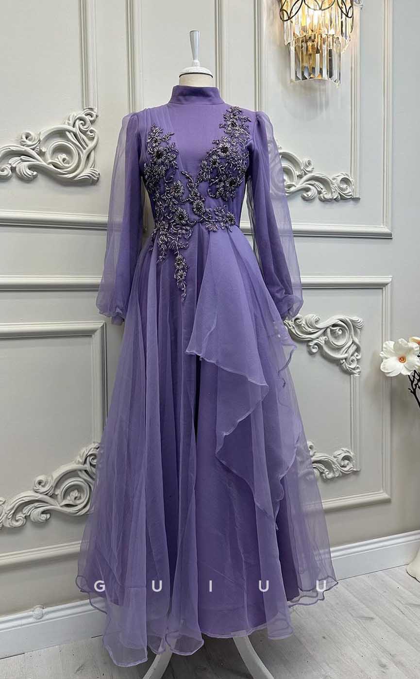 G4202 - Classic & Timeless A-Line High Neck Floral Beaded and Draped Formal Party Prom Dress with Long Bishop Sleeves and Ruffles