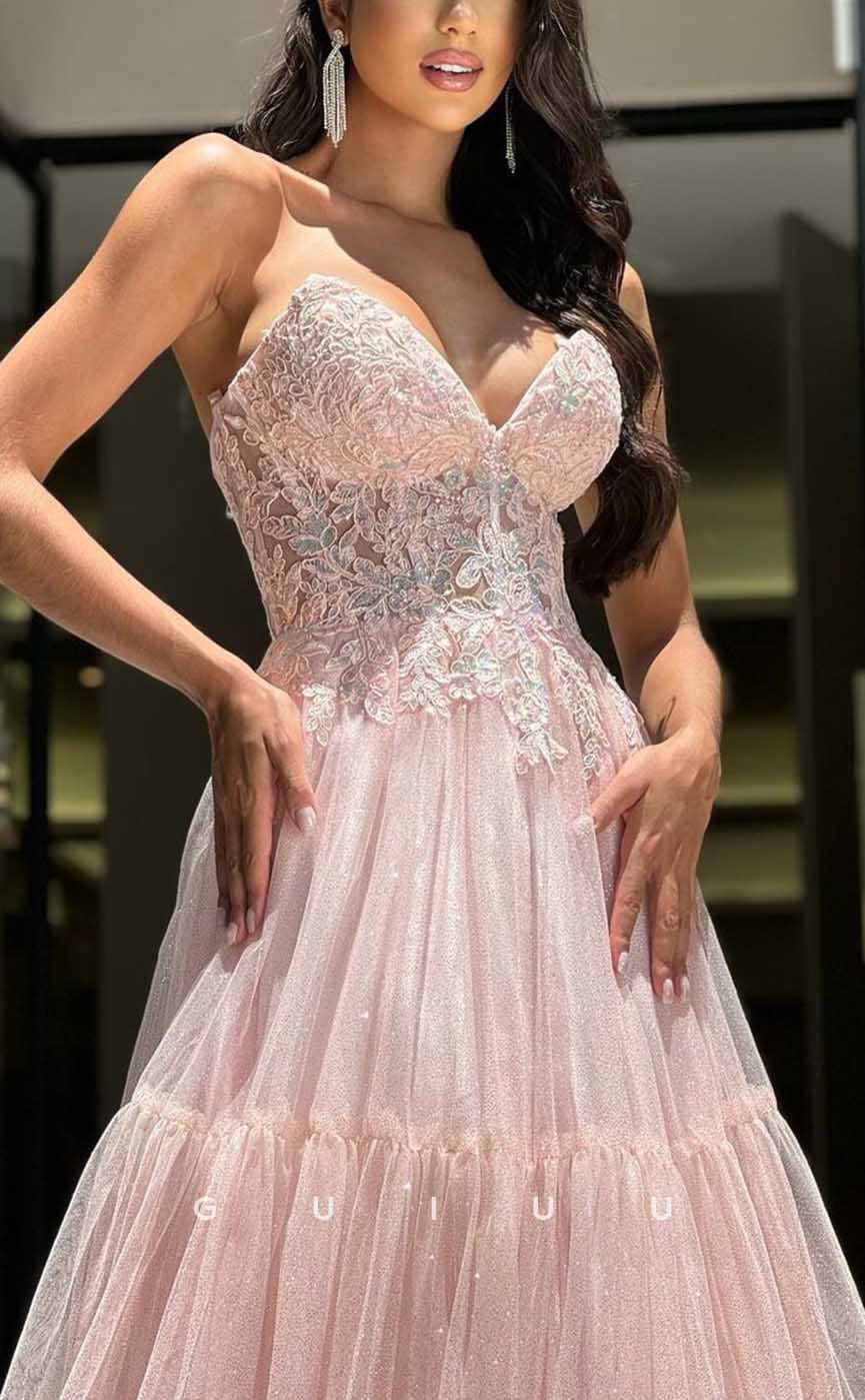 G4214 - Chic & Modern A-Line V-Neck Strapless Pleated and Floral Appliqued Formal Party Prom Dress