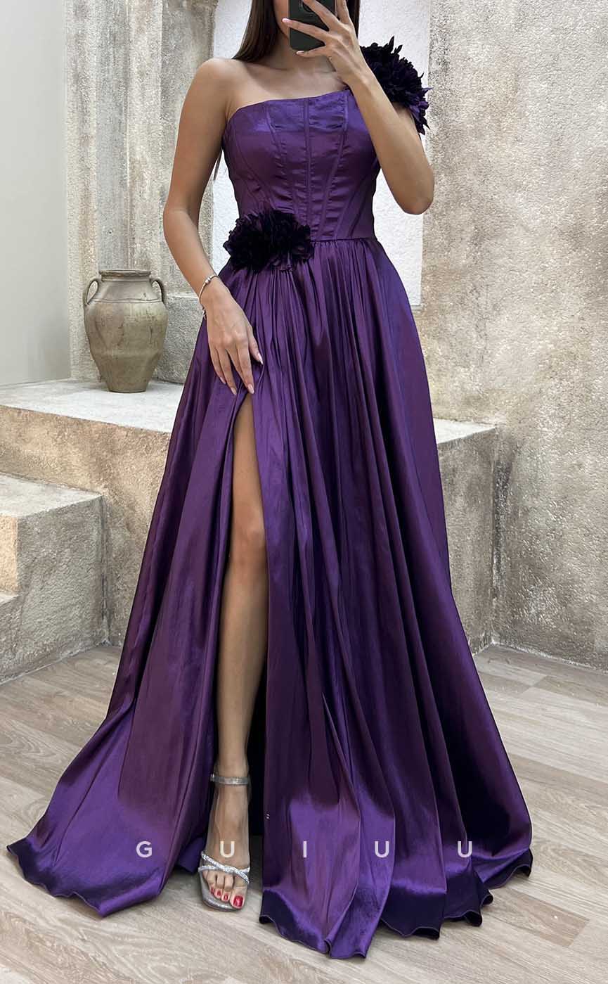 G4227 - Classic & Timeless A-Line One Shoulder Pleated and Floral Embossed Formal Gown Prom Dress with High Side Slit