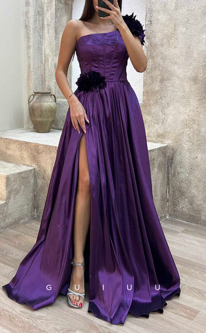 G4227 - Classic & Timeless A-Line One Shoulder Pleated and Floral Embossed Formal Gown Prom Dress with High Side Slit