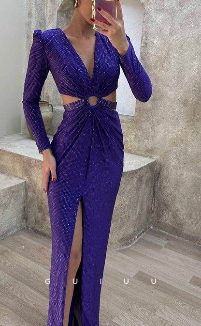 G4228 - Classic & Timeless Sheath V-Neck Cut-Outs Fully Beaded Formal Party Prom Dress with High Side Slit and Long Sleeves