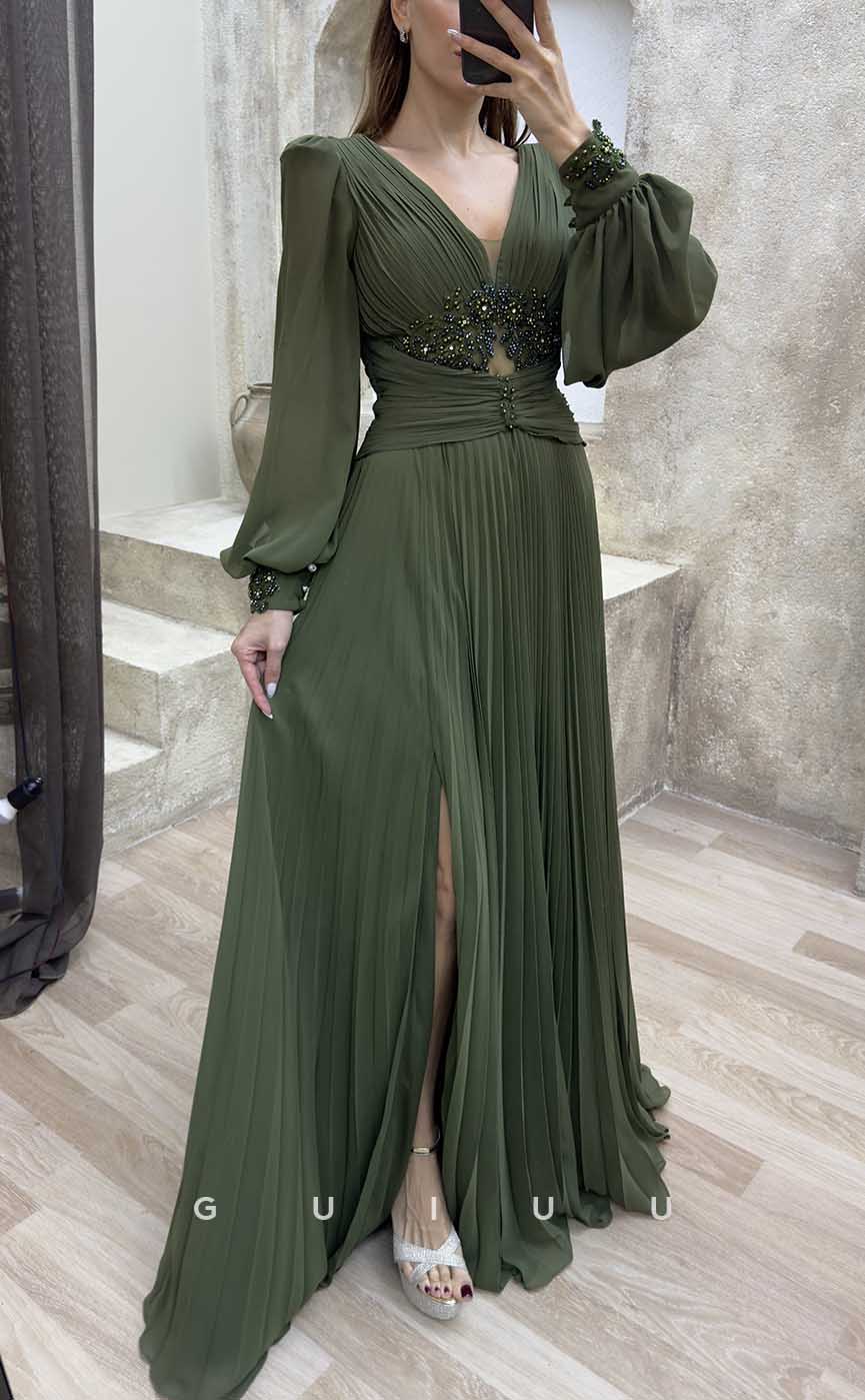 G4235 - Classic & Timeless Sheath V-Neck Beaded and Ruched Formal Gown Prom Dress with Long Bishiop Sleeves and High Side Slit