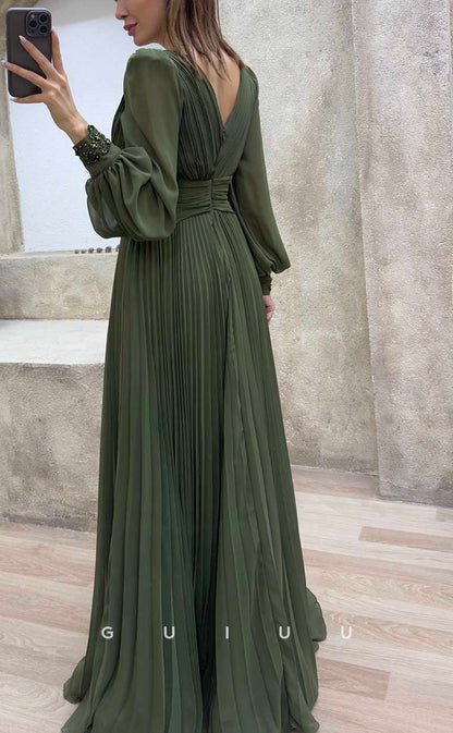 G4235 - Classic & Timeless Sheath V-Neck Beaded and Ruched Formal Gown Prom Dress with Long Bishiop Sleeves and High Side Slit