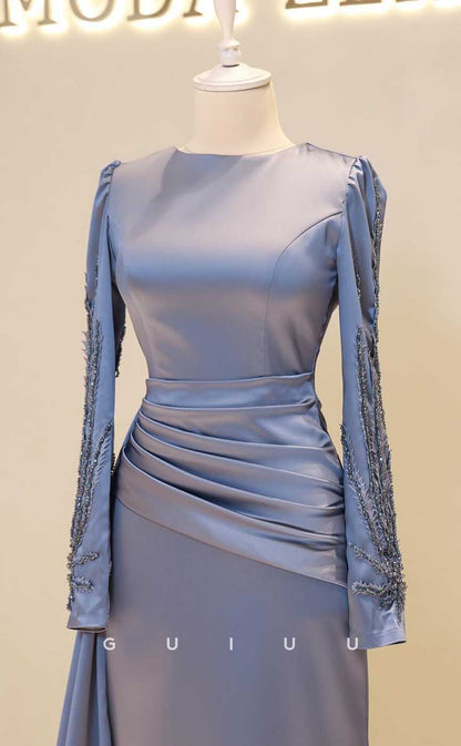 G4251 - Classic & Timeless Sheath Scoop Beaded and Draped Formal Evenng Gown Prom Dress with Long Sleeves and Overlay