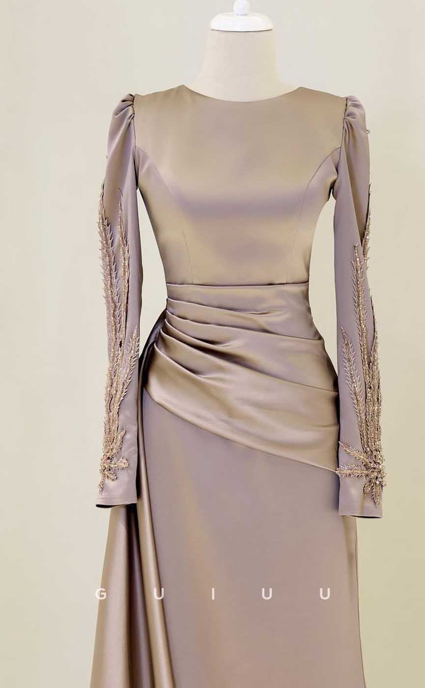 G4251 - Classic & Timeless Sheath Scoop Beaded and Draped Formal Evenng Gown Prom Dress with Long Sleeves and Overlay