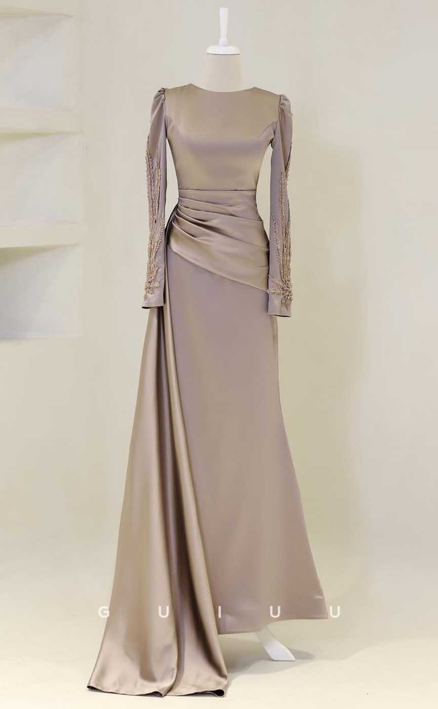 G4251 - Classic & Timeless Sheath Scoop Beaded and Draped Formal Evenng Gown Prom Dress with Long Sleeves and Overlay