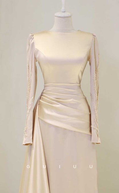 G4251 - Classic & Timeless Sheath Scoop Beaded and Draped Formal Evenng Gown Prom Dress with Long Sleeves and Overlay