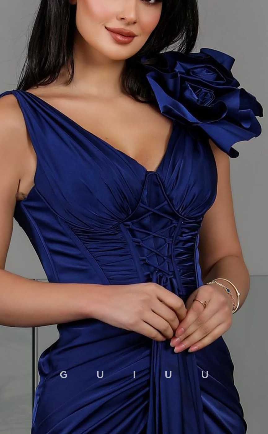 G4264 - Chic & Modern Sheath V-Neck Draped and Floral Embossed Formal Gown Prom Dress with Ruffles