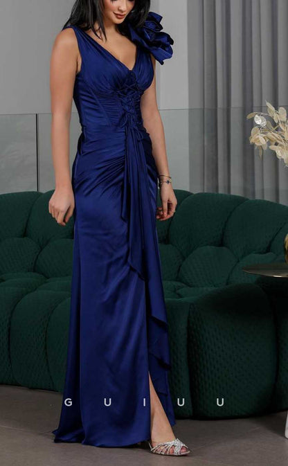 G4264 - Chic & Modern Sheath V-Neck Draped and Floral Embossed Formal Gown Prom Dress with Ruffles