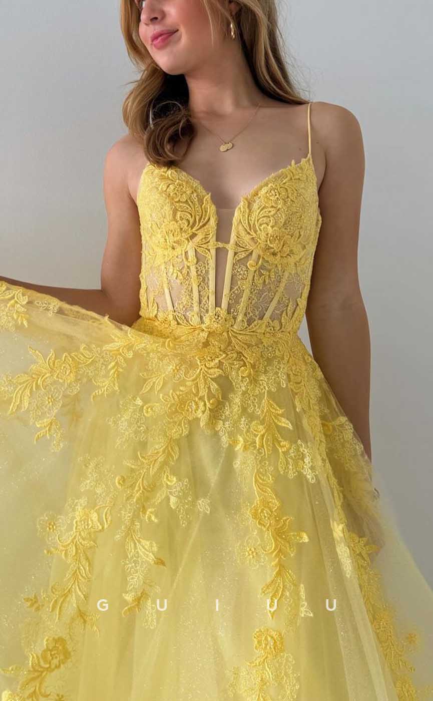 G4277 - Chic & Modern A-Line V-Neck Floral Appliqued and Ruched Evening Party Prom Dress