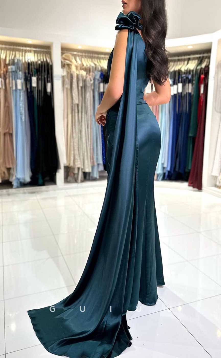G4282 - Classic & Timeless Sheath One Shoulder Ruched Formal Party Prom Dress with High Side Slit and Overlay
