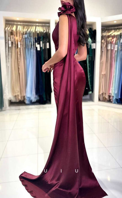 G4282 - Classic & Timeless Sheath One Shoulder Ruched Formal Party Prom Dress with High Side Slit and Overlay