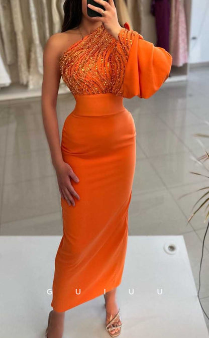G4294 - Chic & Modern Sheath One Shoulder Beaded and Sequined Ankle-Length Formal Party Prom Dress