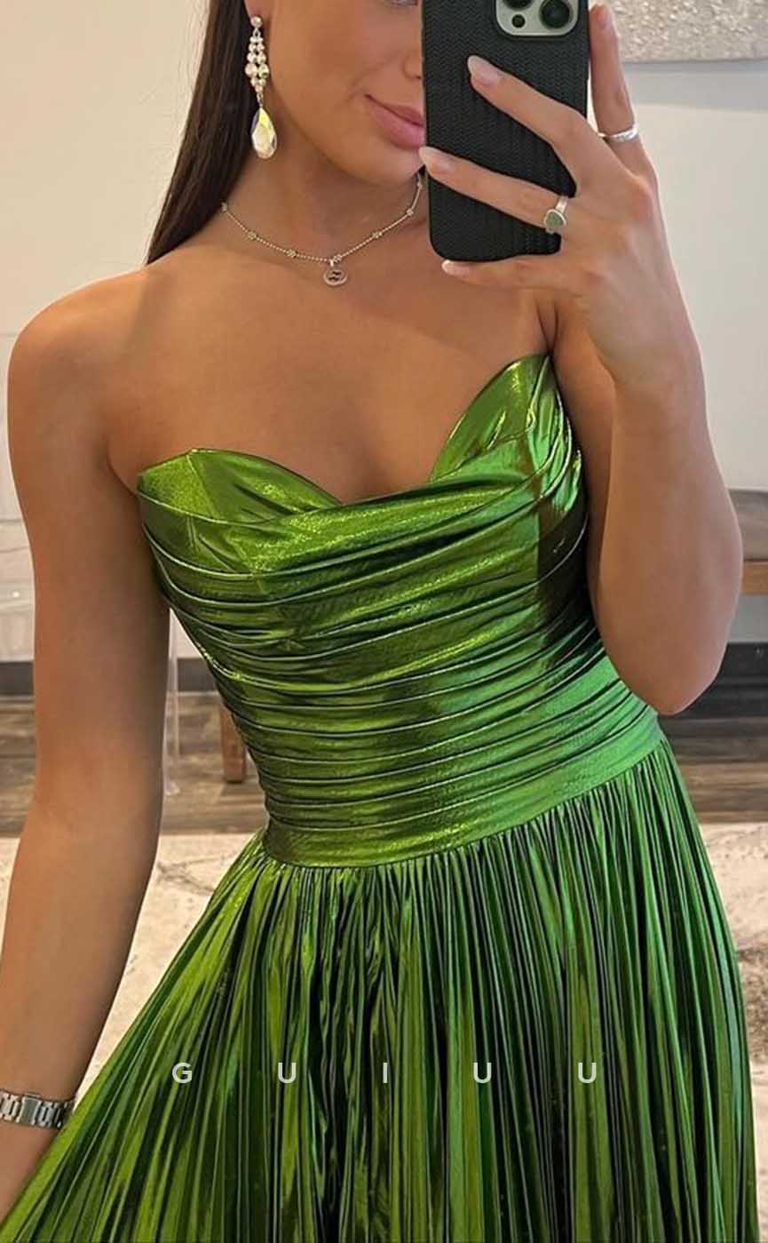 G4298 - Chic & Modern A-Line V-Neck Draped Party Gown Prom Dress with High Side Slit