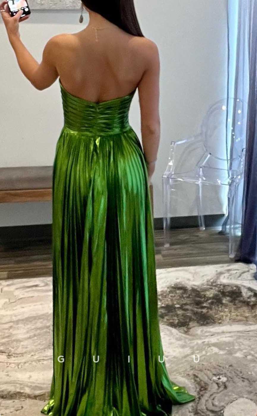 G4298 - Chic & Modern A-Line V-Neck Draped Party Gown Prom Dress with High Side Slit