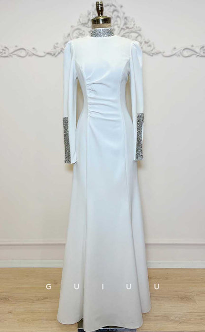 G4318 - Classic & Timeless Sheath High Neck Beaded and Draped Formal Dress with Long Sleeves