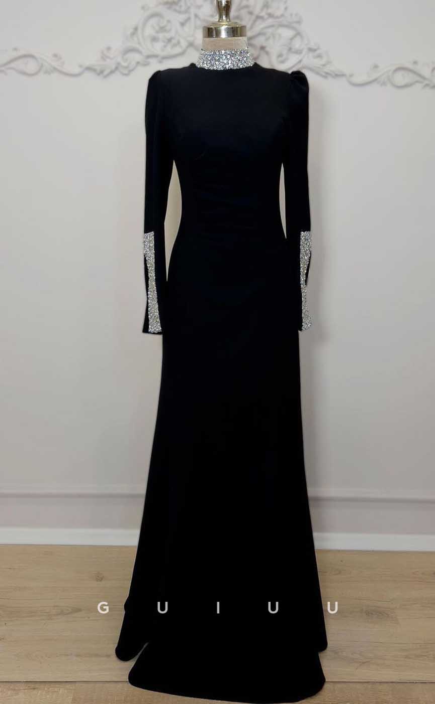G4318 - Classic & Timeless Sheath High Neck Beaded and Draped Formal Dress with Long Sleeves