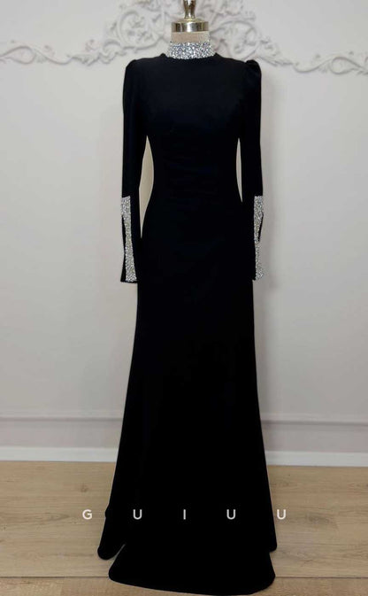 G4318 - Classic & Timeless Sheath High Neck Beaded and Draped Formal Dress with Long Sleeves
