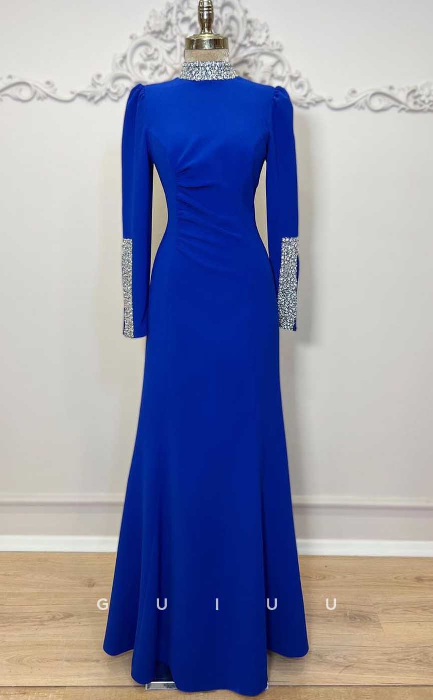 G4318 - Classic & Timeless Sheath High Neck Beaded and Draped Formal Dress with Long Sleeves