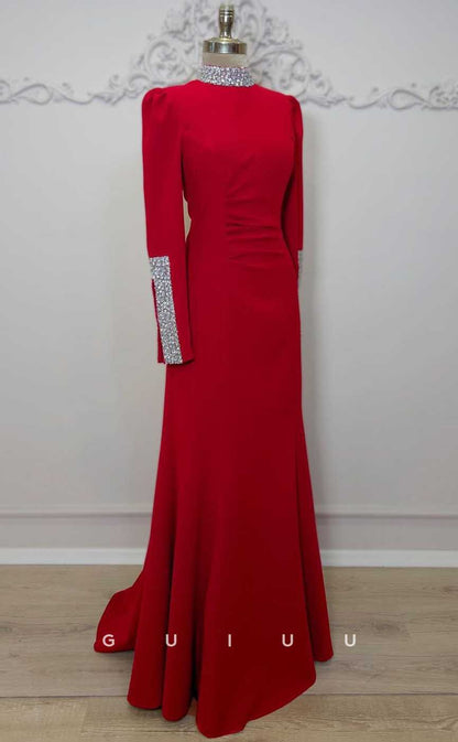 G4318 - Classic & Timeless Sheath High Neck Beaded and Draped Formal Dress with Long Sleeves