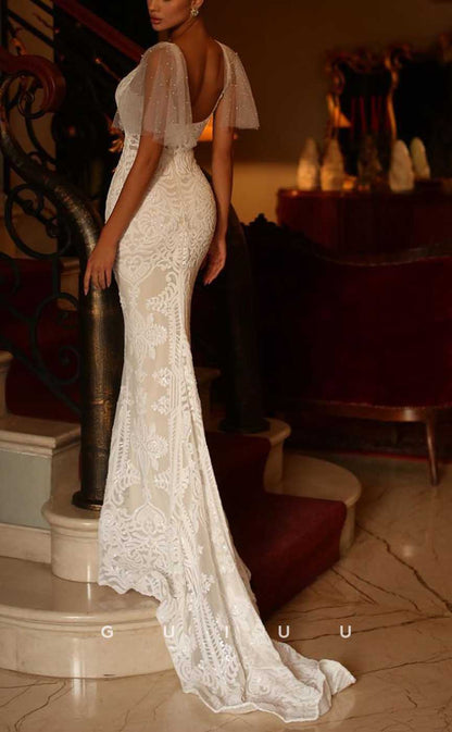 G4328 - Sexy & Hot Mermaid Square Floral Sequined Evening Gown Prom Dress with Sweep Train