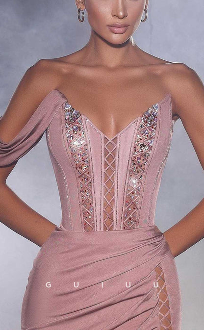 G4331 - Sexy & Hot Sheath One Shoulder Beaded and Draped Evening Party Prom Dress with High Side Slit and Cut-Outs