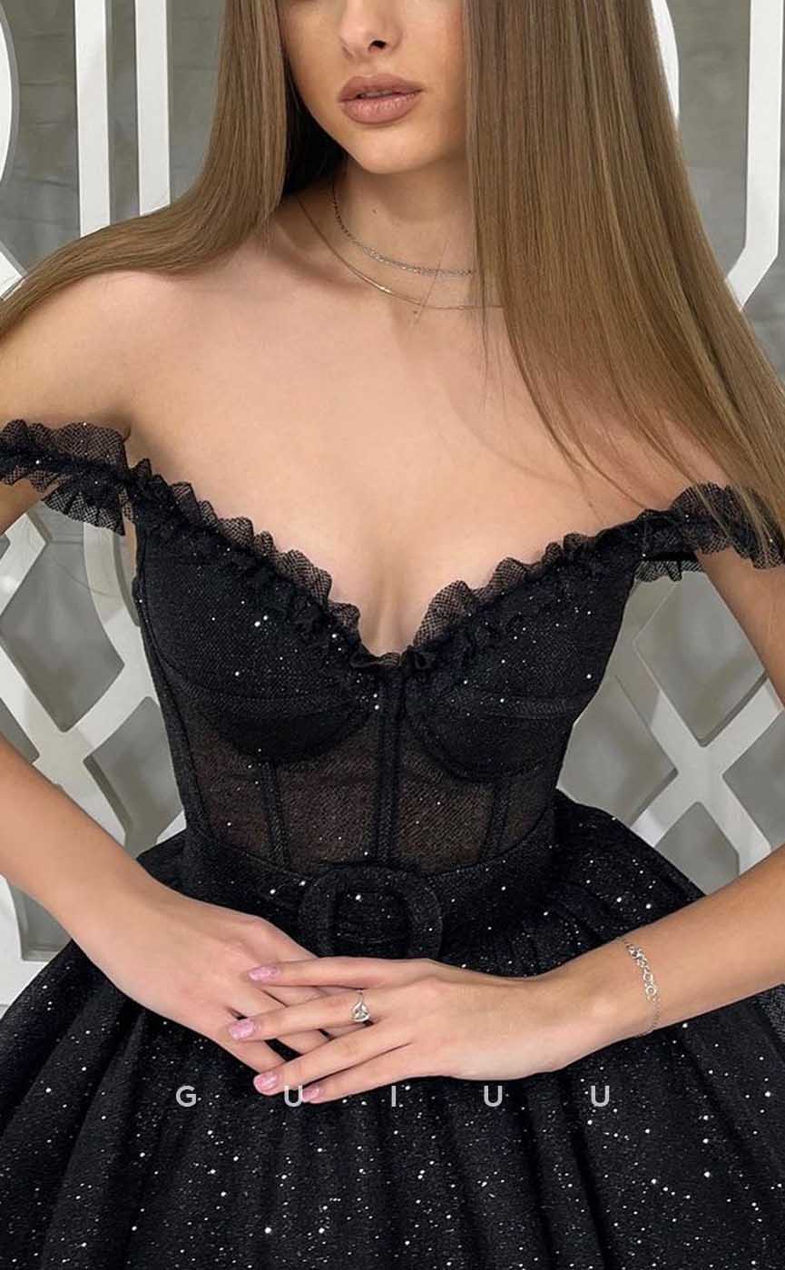 G4366 - Chic & Modern A-Line Off Shoulder Sparkly and Draped Ankle-Length Evening Gown Prom Dress with Sash and Ruffles