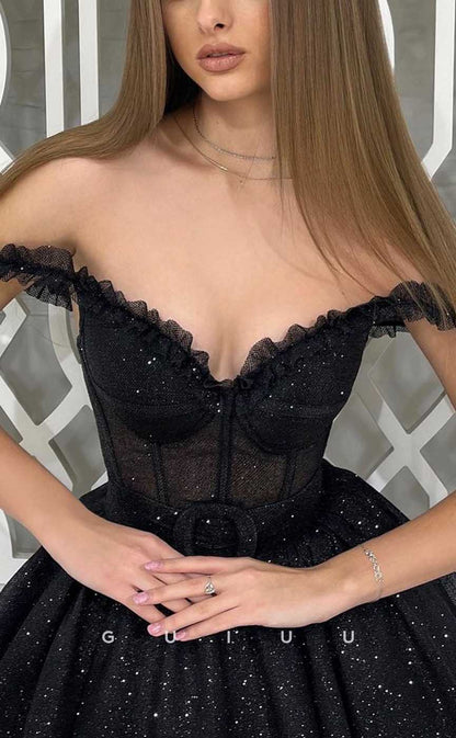 G4366 - Chic & Modern A-Line Off Shoulder Sparkly and Draped Ankle-Length Evening Gown Prom Dress with Sash and Ruffles