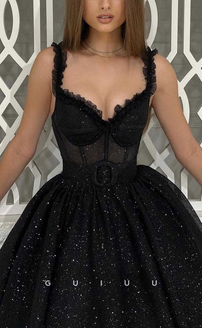 G4366 - Chic & Modern A-Line Off Shoulder Sparkly and Draped Ankle-Length Evening Gown Prom Dress with Sash and Ruffles