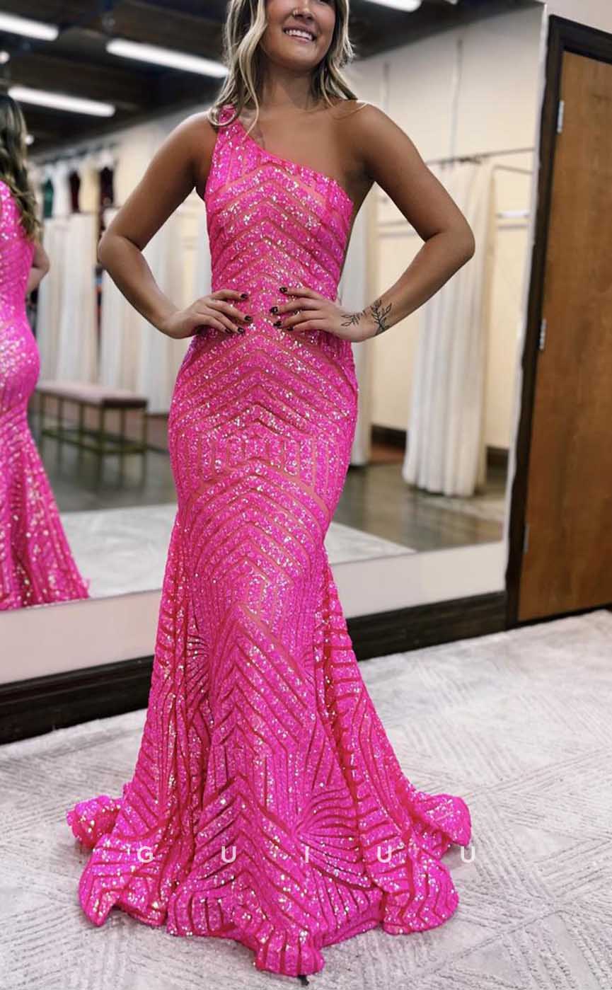 G4377 - Sexy & Hot Trumpet One Shoulder Fully Sequined Fully Sequined Evening Party Prom Dress with Pleats